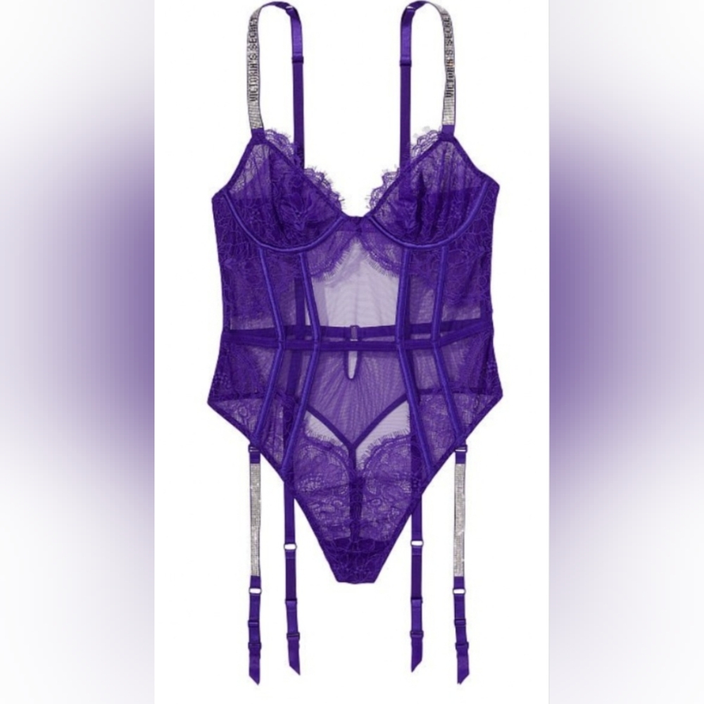 S Victoria's Secret Shine Strap Lace Teddy With Garters Purple